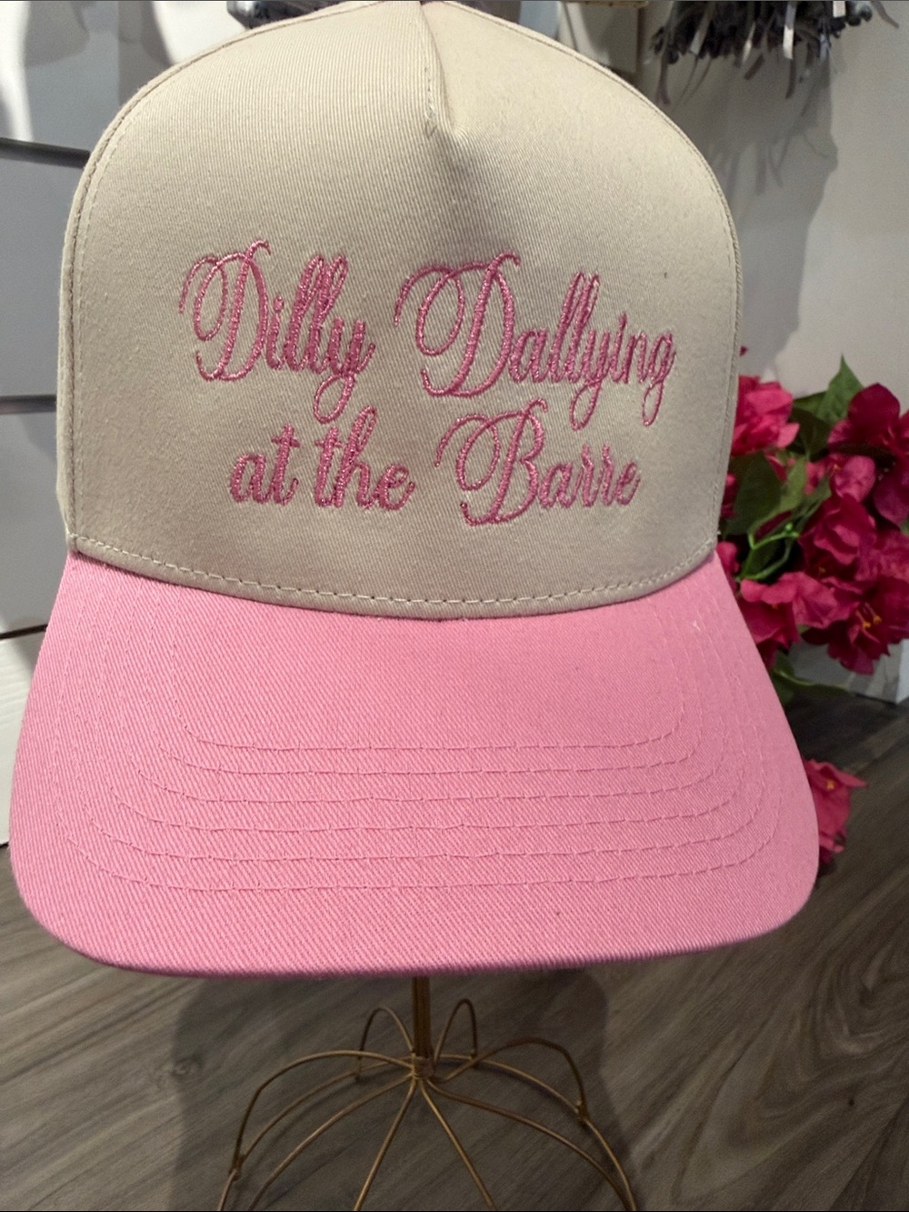 Pure Barre Beige and Pink 'Dilly Dallying at the Barre' Trucker Hat